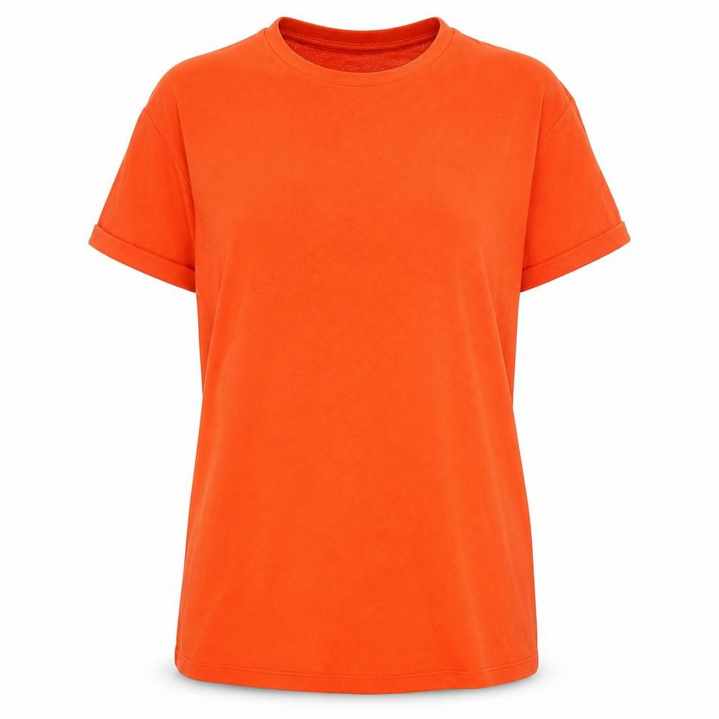Front view of Zara Women Orange Basic Short Sleeve Cotton Blend T-Shirt, size 14