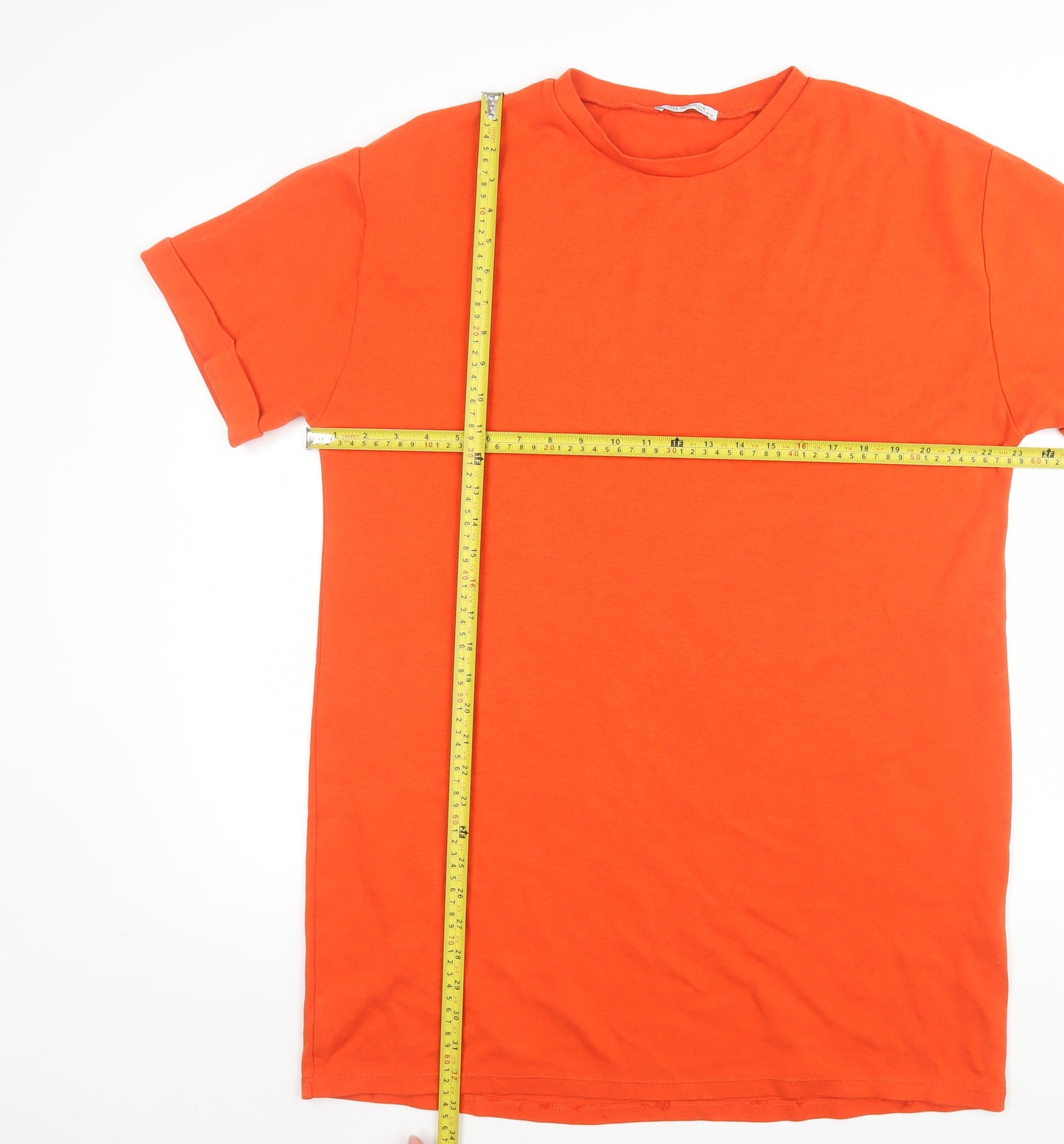 Zara Women Orange Basic Short Sleeve Cotton Blend T-Shirt Size 14