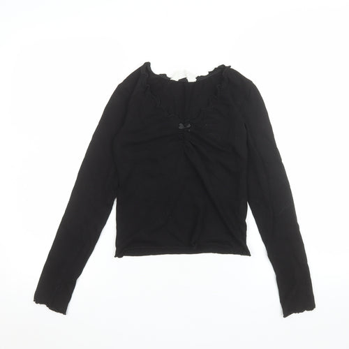 H&M Teens Black Long Sleeve Ruffle Bow Slim Fit T-Shirt L