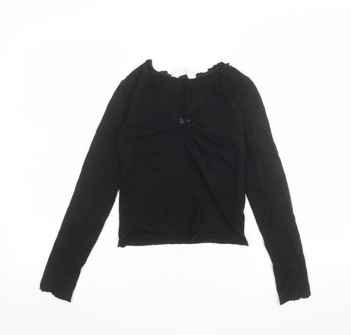 H&M Teens Black Long Sleeve Ruffle Bow Slim Fit T-Shirt L