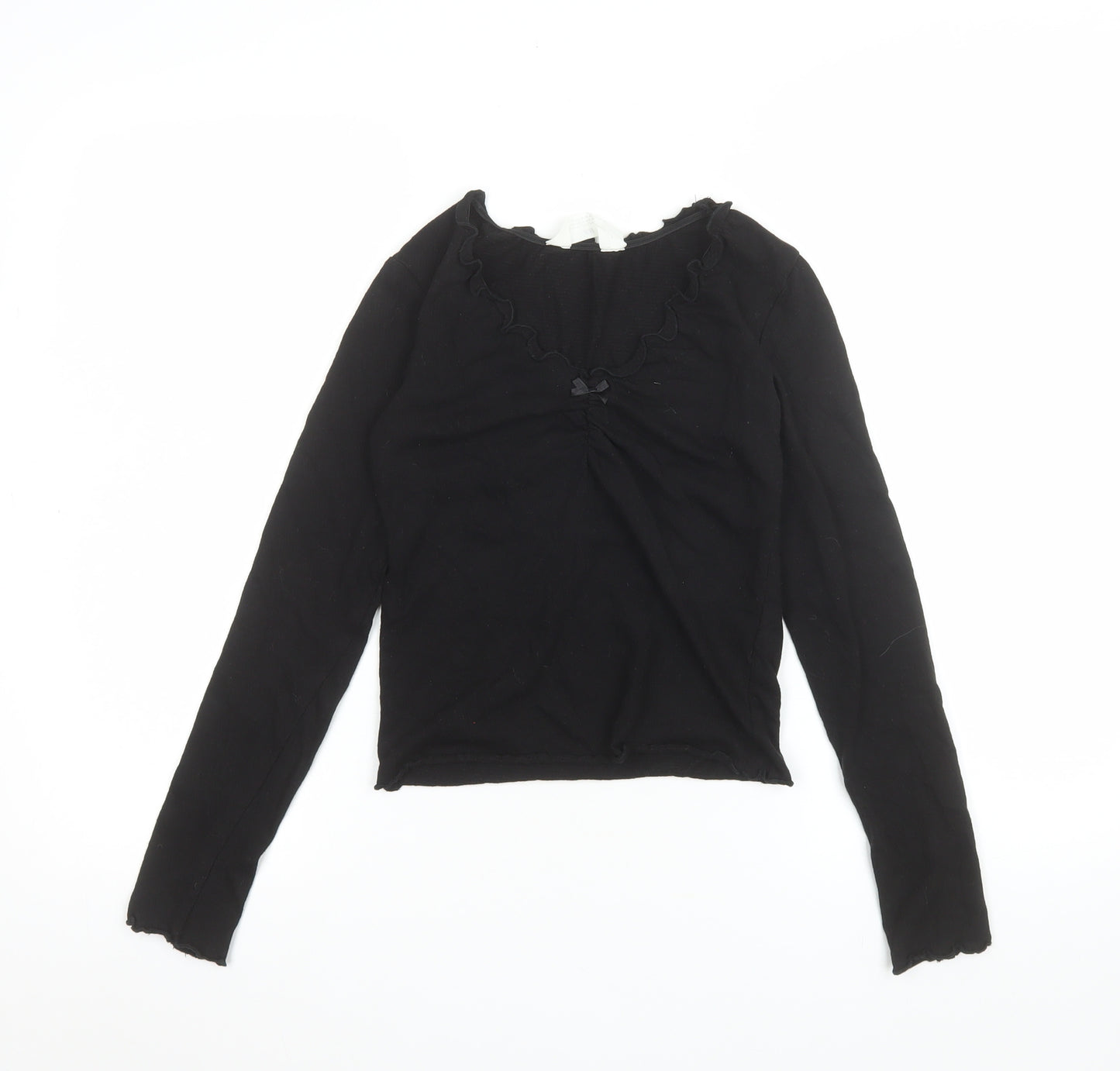 H&M Teens Black Long Sleeve Ruffle Bow Slim Fit T-Shirt L