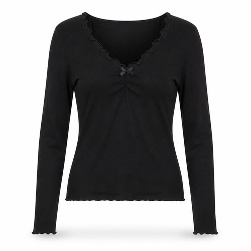 H&M Teens Black Long Sleeve Ruffle Bow Slim Fit T-Shirt L