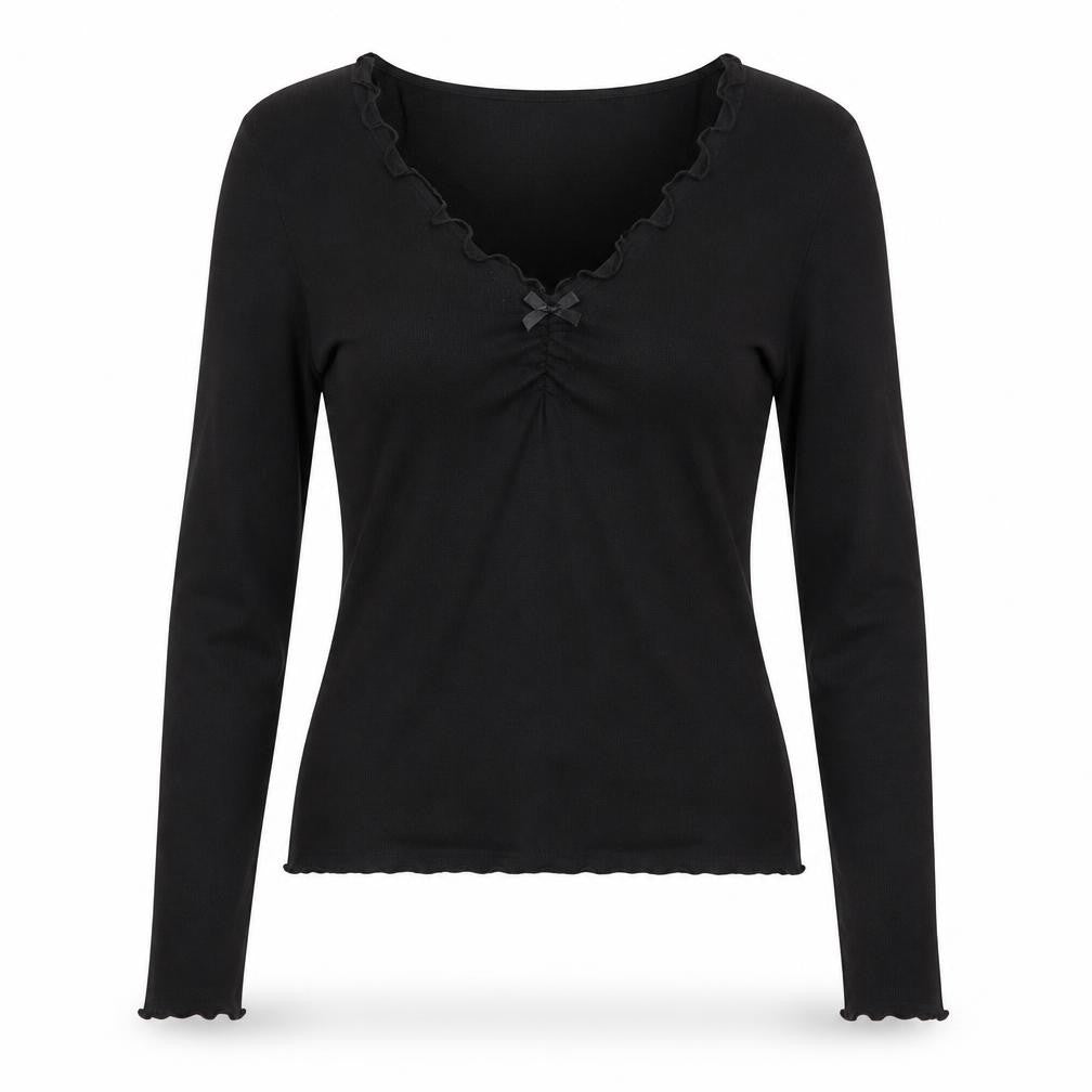 H&M Teens Black Long Sleeve Ruffle Bow Slim Fit T-Shirt L