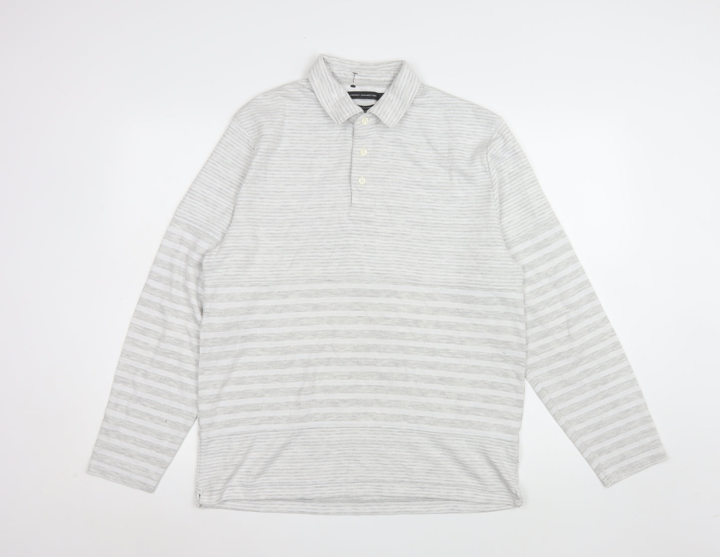 French Connection Men’s Grey Striped Long Sleeve Polo Shirt L Regular Fit