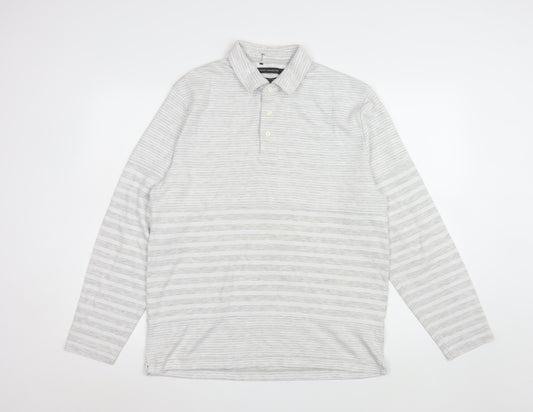 French Connection Men’s Grey Striped Long Sleeve Polo Shirt L Regular Fit