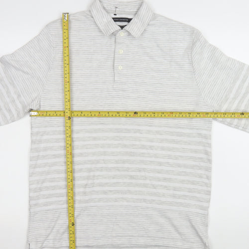 French Connection Men’s Grey Striped Long Sleeve Polo Shirt L Regular Fit