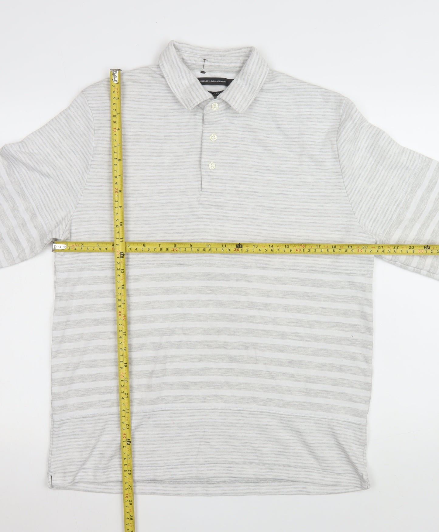 French Connection Men’s Grey Striped Long Sleeve Polo Shirt L Regular Fit