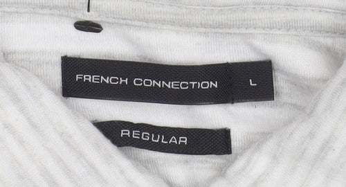 French Connection Men’s Grey Striped Long Sleeve Polo Shirt L Regular Fit