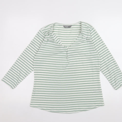 Nutmeg Womens Green White Striped V-Neck Long Sleeve T-Shirt Size 10