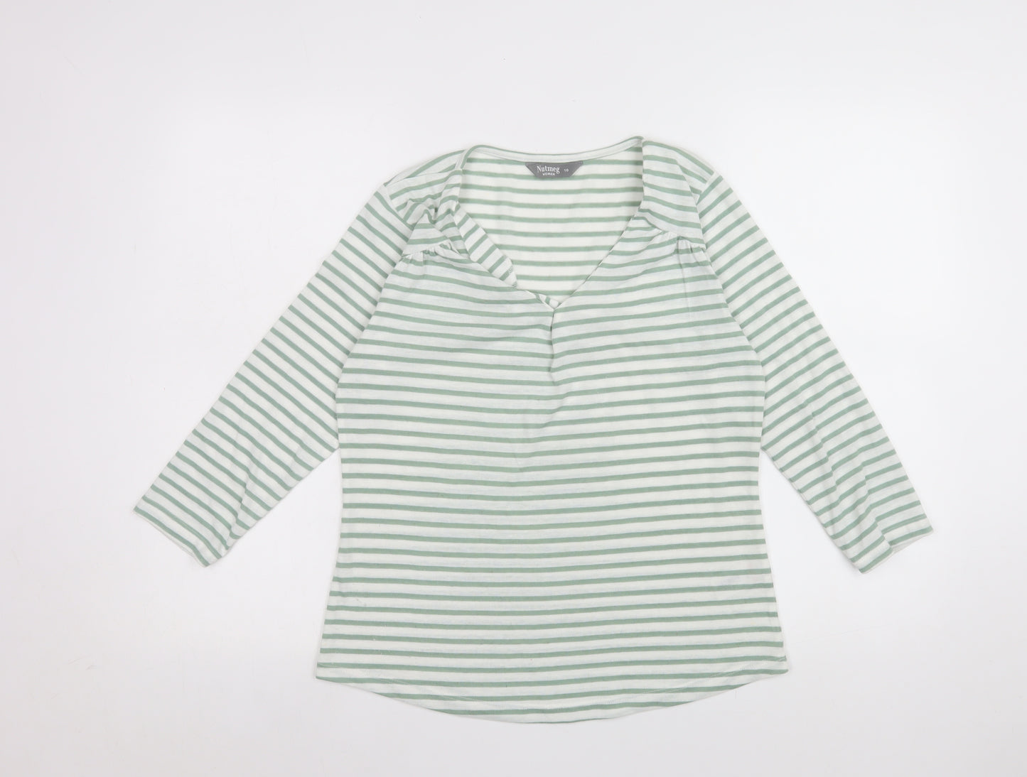 Nutmeg Womens Green White Striped V-Neck Long Sleeve T-Shirt Size 10