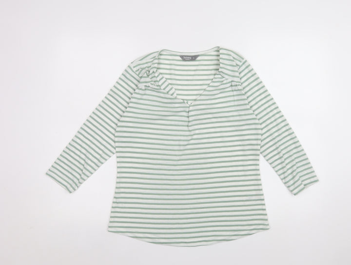 Nutmeg Womens Green White Striped V-Neck Long Sleeve T-Shirt Size 10