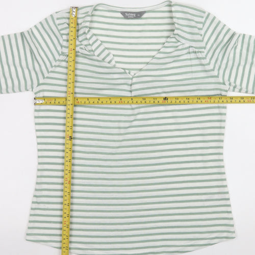 Nutmeg Womens Green White Striped V-Neck Long Sleeve T-Shirt Size 10