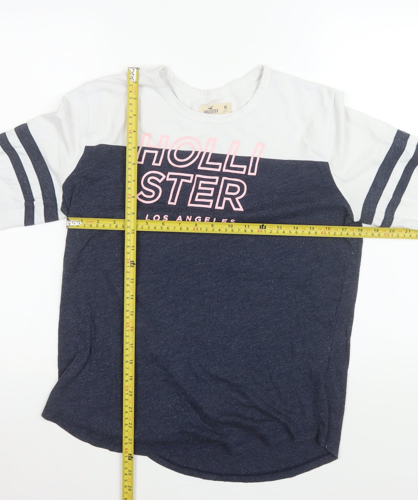 Hollister Womens Blue White Long Sleeve Crew Neck Colourblock T-Shirt M