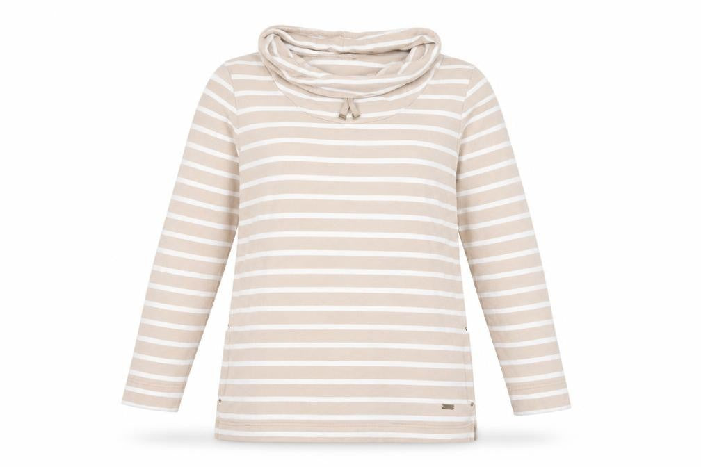 Front view of Dash women’s beige striped cotton pullover sweatshirt, size UK 14