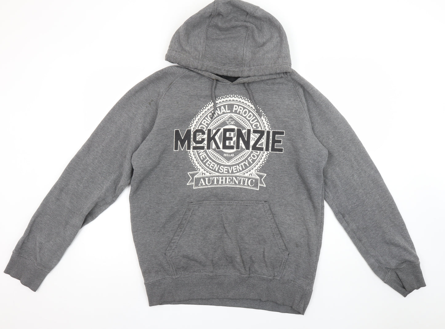 McKenzie Men’s Grey Pullover Hoodie L Logo Print Classic Style