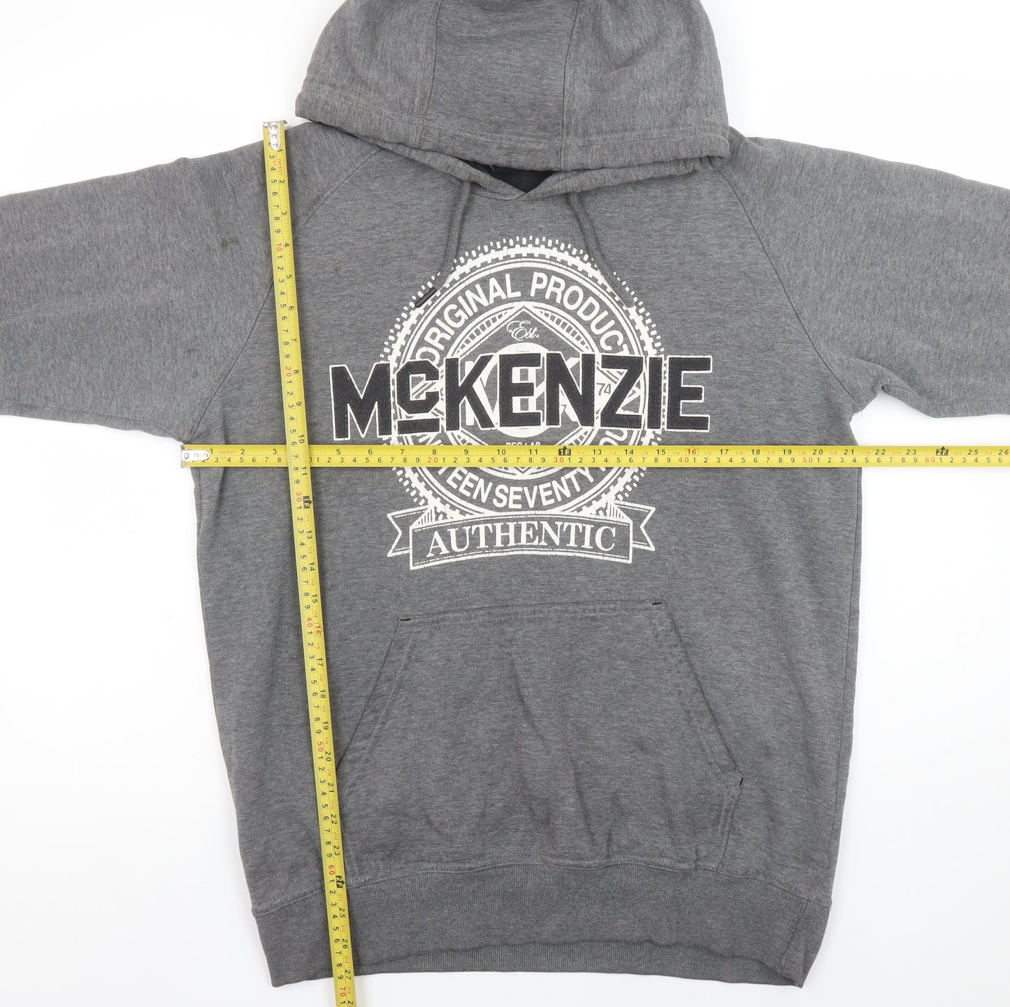 McKenzie Men’s Grey Pullover Hoodie L Logo Print Classic Style