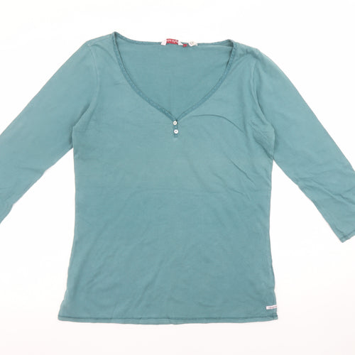 White Stuff Women’s Green 3/4 Sleeve V-Neck Cotton T-Shirt Size 14