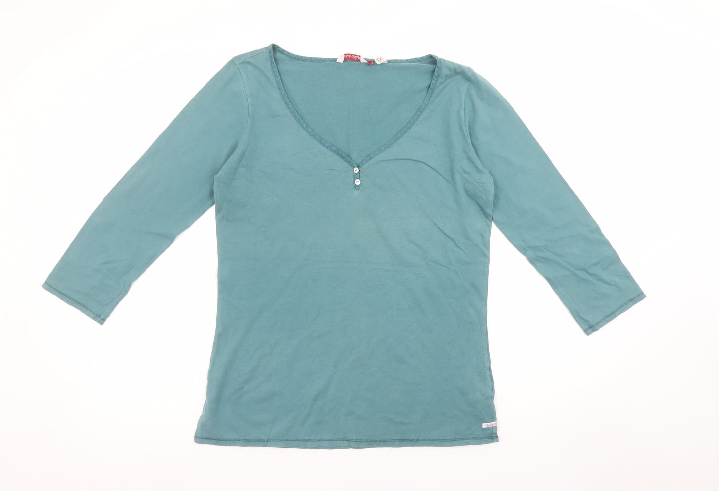 White Stuff Women’s Green 3/4 Sleeve V-Neck Cotton T-Shirt Size 14