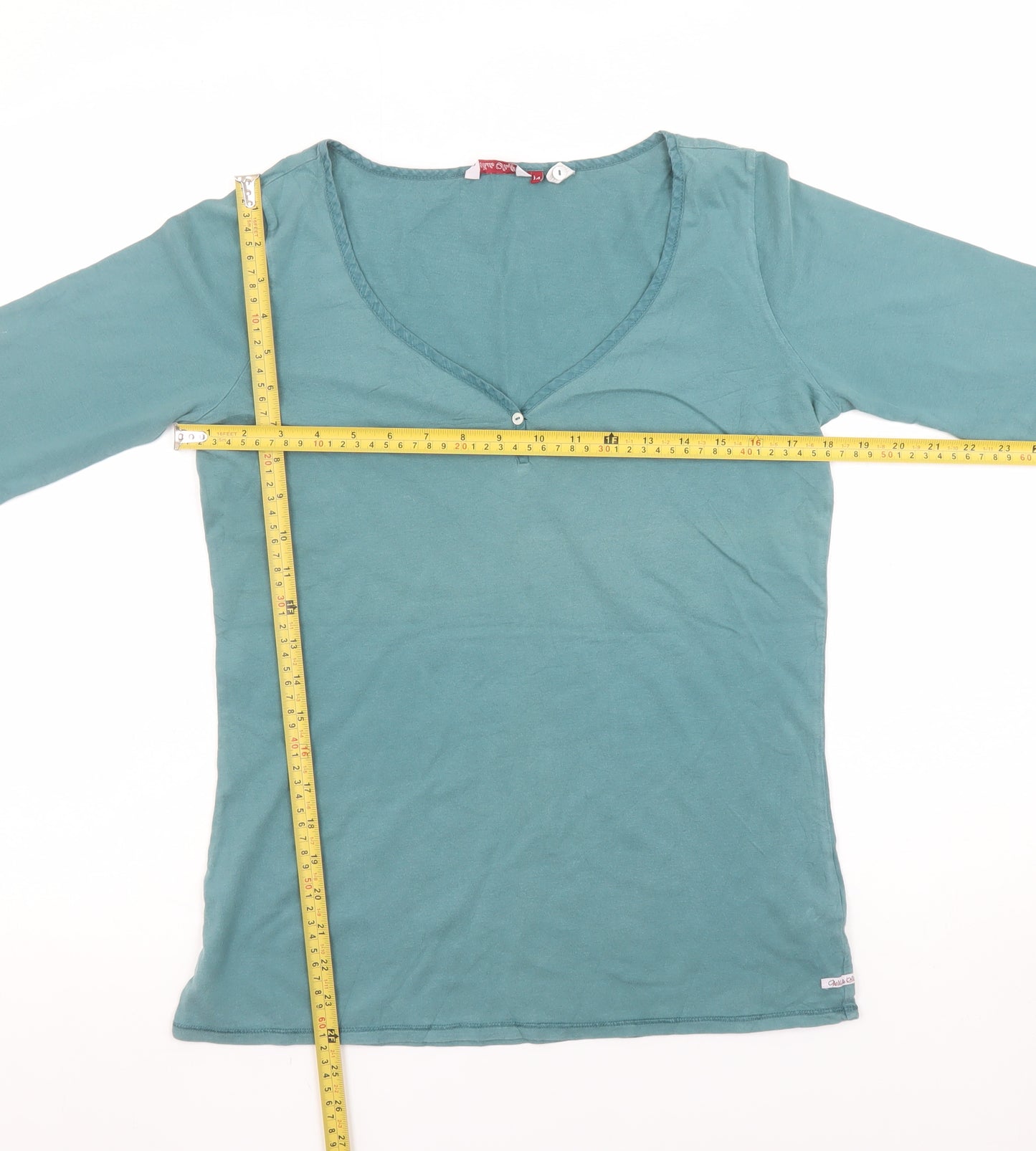 White Stuff Women’s Green 3/4 Sleeve V-Neck Cotton T-Shirt Size 14