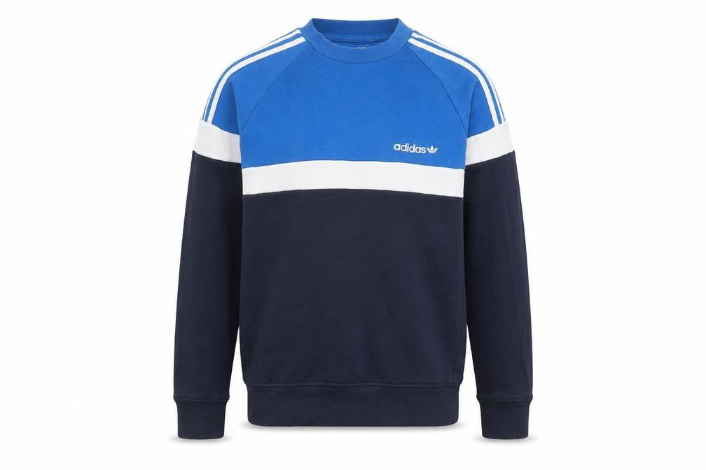 Front view of Adidas Men's Blue Colour Block Crew Neck Sweatshirt XS