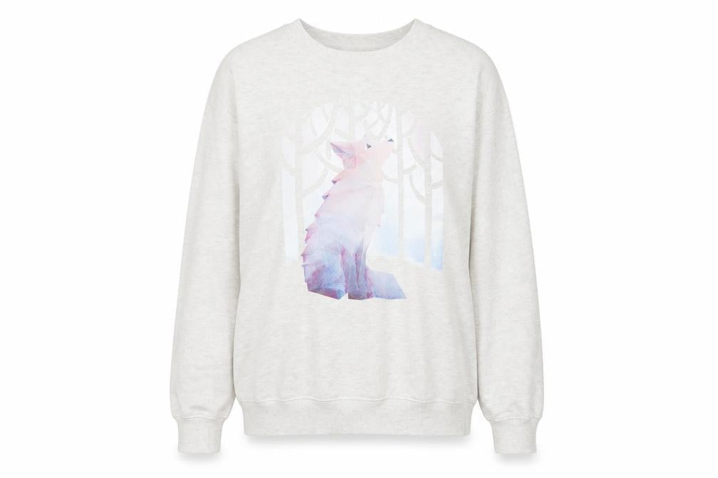 Front view of Delta Fleece Women’s Grey Pullover Sweatshirt L Wolf Graphic Cotton Blend