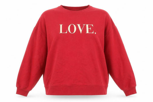 Front view of Tu Women Red LOVE. Graphic Pullover Sweatshirt, size M