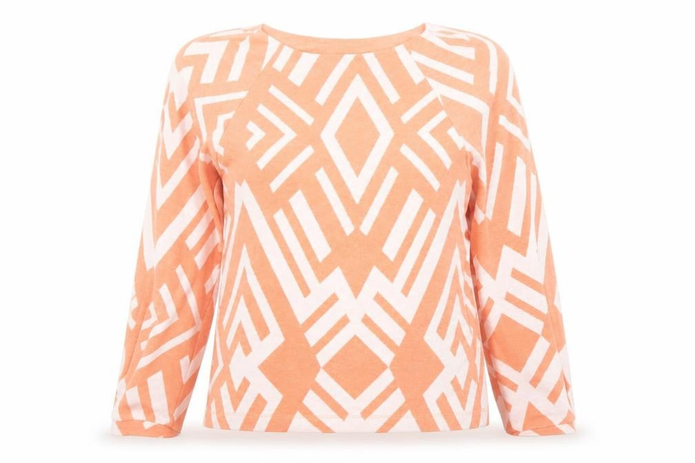 Front view of Street One Women's Orange Geometric Long Sleeve Pullover, size 12