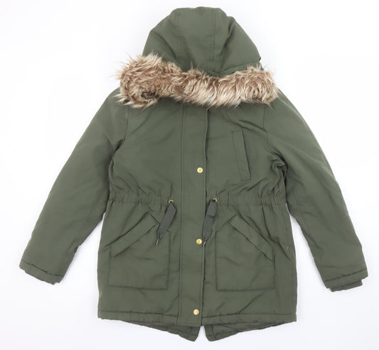 Marks and Spencer Girls Green Hooded Parka Coat 11-12 Years Faux Fur Trim