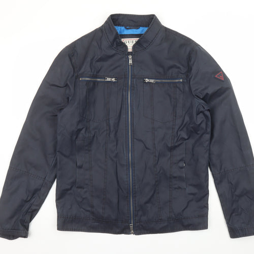 Guess Men's Blue Biker Jacket Size M Polyester Cotton Zip Up