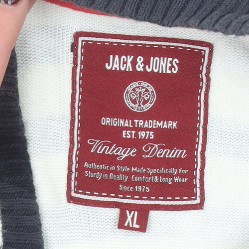 Jack & Jones Men's White Striped Crew Neck Knit Sweatshirt XL