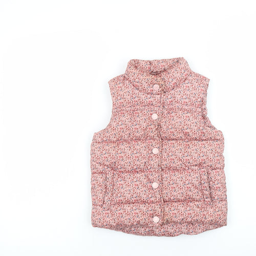 Next Girls Pink Floral Puffer Waistcoat 2-3 Years Button Quilted Gilet