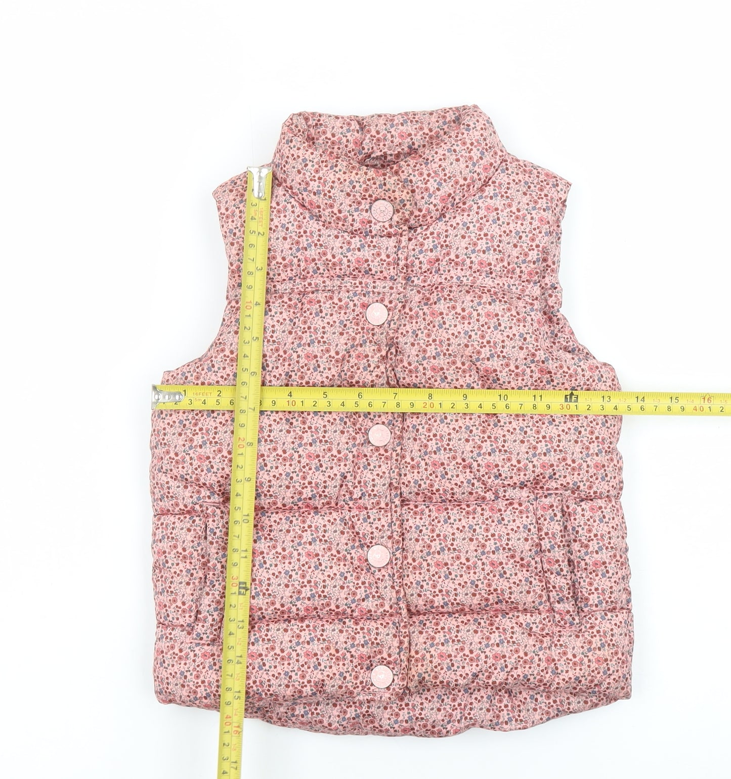 Next Girls Pink Floral Puffer Waistcoat 2-3 Years Button Quilted Gilet
