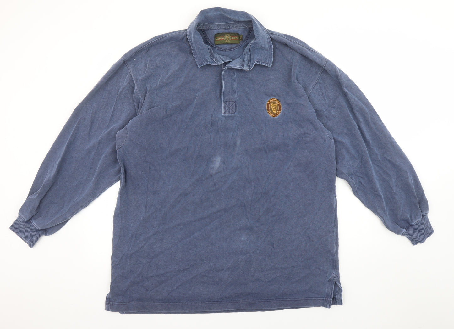 Guinness Men’s Blue Long Sleeve Cotton Polo Shirt L Vintage Beer Logo