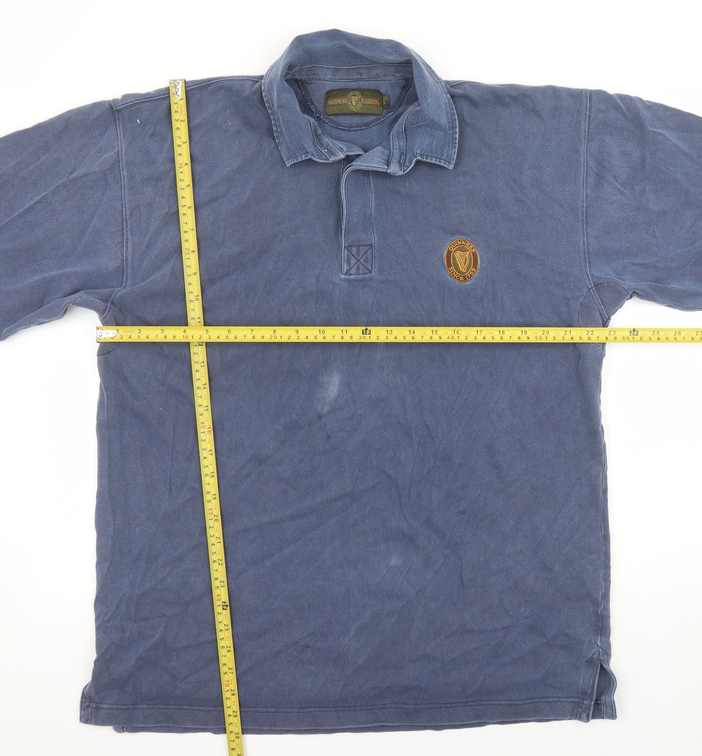 Guinness Men’s Blue Long Sleeve Cotton Polo Shirt L Vintage Beer Logo