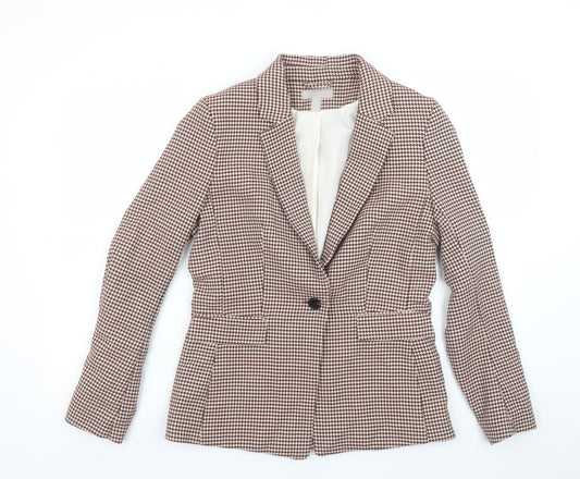 H&M Women Brown Houndstooth Blazer UK 12 Single-Breasted Tailored Jacket