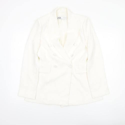 Zara Women White Double-Breasted Blazer Jacket Size S Tailored Fit