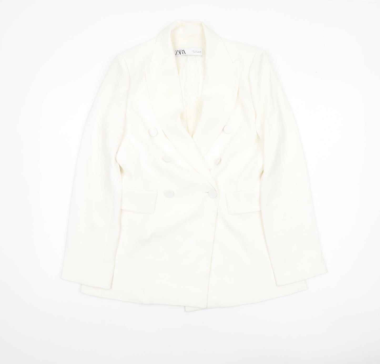 Zara Women White Double-Breasted Blazer Jacket Size S Tailored Fit