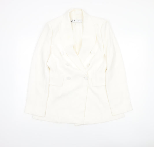 Zara Women White Double-Breasted Blazer Jacket Size S Tailored Fit