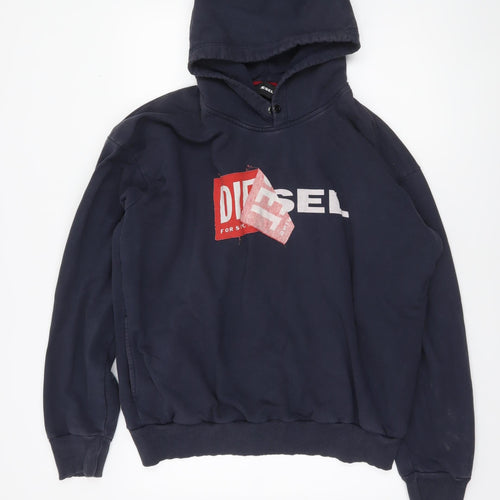 Diesel Mens Blue Pullover Hoodie L Logo Graphic Cotton Sweatshirt