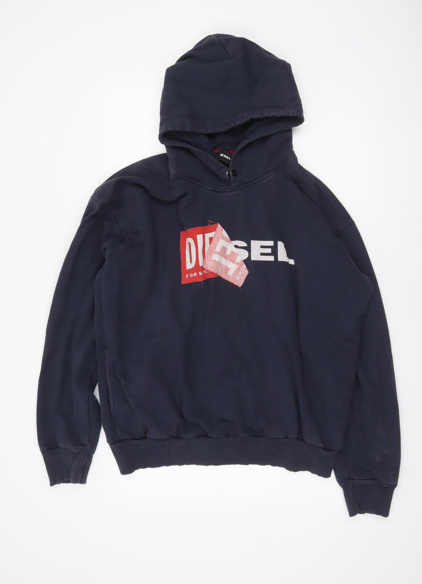 Diesel Mens Blue Pullover Hoodie L Logo Graphic Cotton Sweatshirt