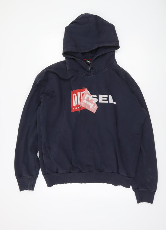 Diesel Mens Blue Pullover Hoodie L Logo Graphic Cotton Sweatshirt