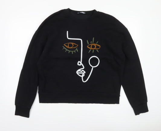 Zara Women Black Abstract Face Embroidered Sweatshirt M
