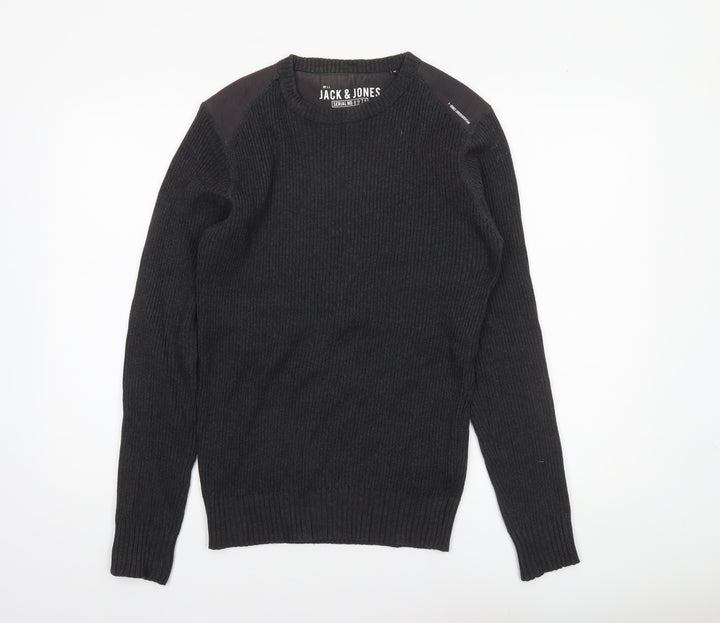 Jack & Jones Mens Black Crew Neck Ribbed Knit Jumper Size M