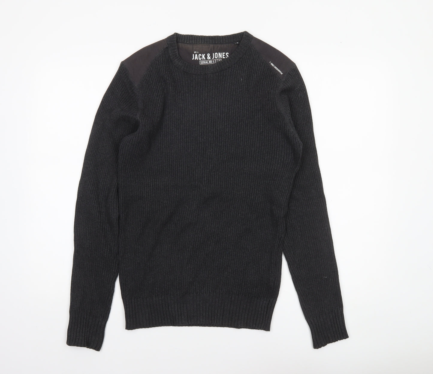 Jack & Jones Mens Black Crew Neck Ribbed Knit Jumper Size M