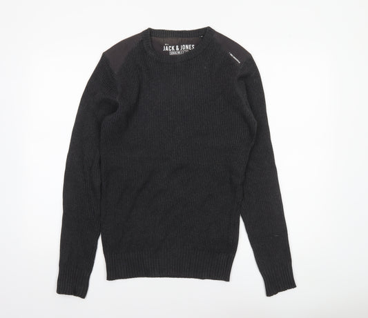 Jack & Jones Mens Black Crew Neck Ribbed Knit Jumper Size M