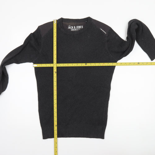 Jack & Jones Mens Black Crew Neck Ribbed Knit Jumper Size M