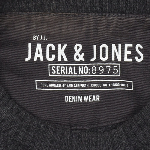 Jack & Jones Mens Black Crew Neck Ribbed Knit Jumper Size M