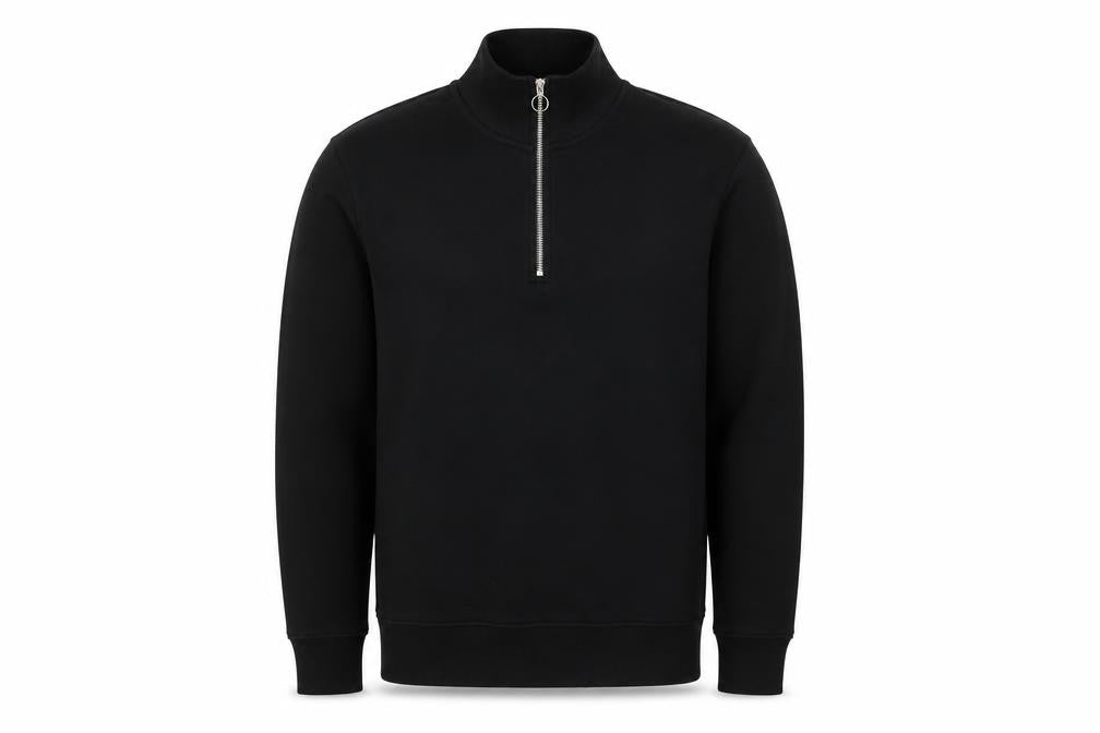 Front view of Weekday Men’s Black 1/2 Zip High Neck Fleece Sweatshirt, size S