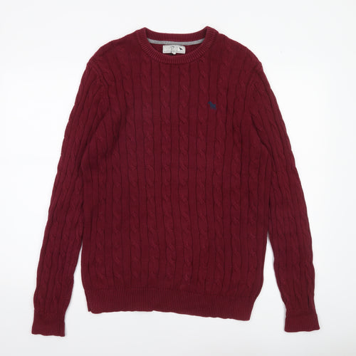 Jack Russell Men's Red Cable-Knit Cotton Jumper M Crew Neck Sweater