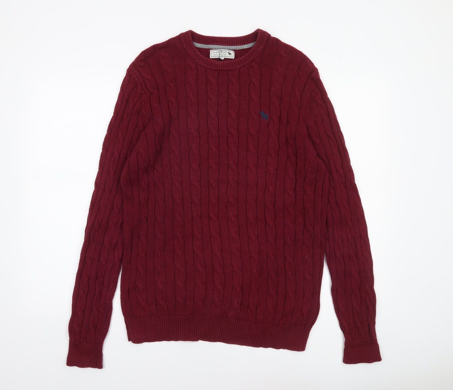 Jack Russell Men's Red Cable-Knit Cotton Jumper M Crew Neck Sweater
